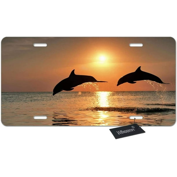 YiiHaanBuy Dolphins License Plate Front Decorative License Plate Dolphin Sunset Jumping,Vanity Tag,Metal Car Plate,Aluminum Novelty License Plate,6 X 12 Inch 4 Holes 